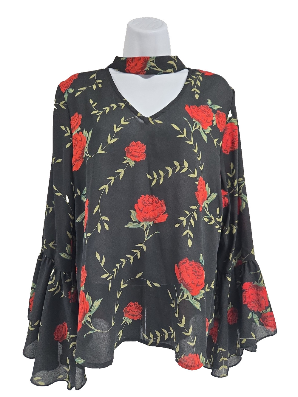 Live 4 Truth Womens Top Black Red Floral Choker Neck Bell Sleeves Size Large